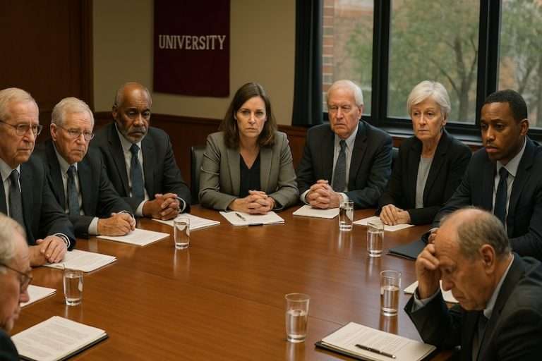 Top 12 Challenges Facing Higher Ed in 2025—and the Exemplars Solving Them: A university board meeting with concerned board members discussing the challenges.