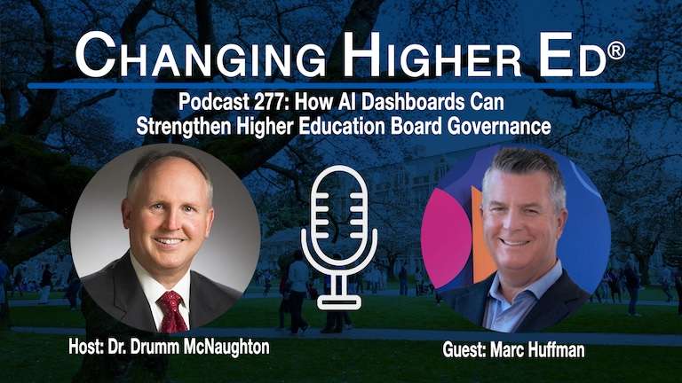 Cover image - Changing Higher Ed podcast 277 with host Dr. Drumm McNaughton and guest Marc Huffman |How AI Dashboards Can Strengthen Higher Education Board Governance